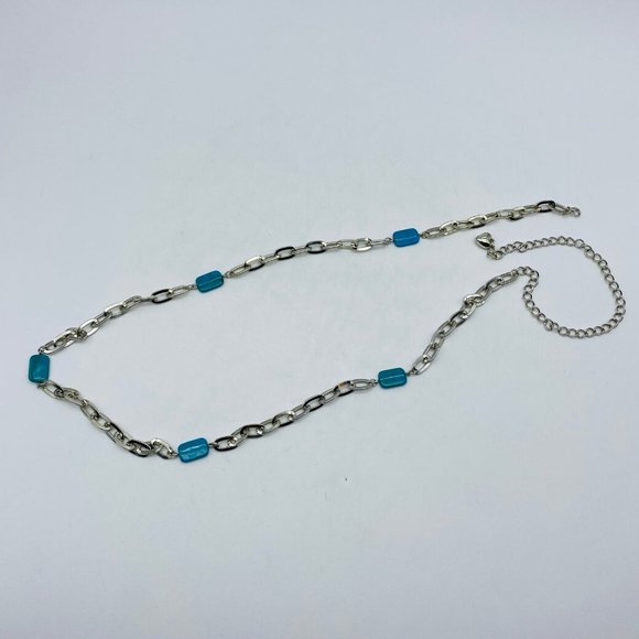 Vintage Silver Tone Metal Faux Turquoise Woman Thin Chain Belt Woman main image 4